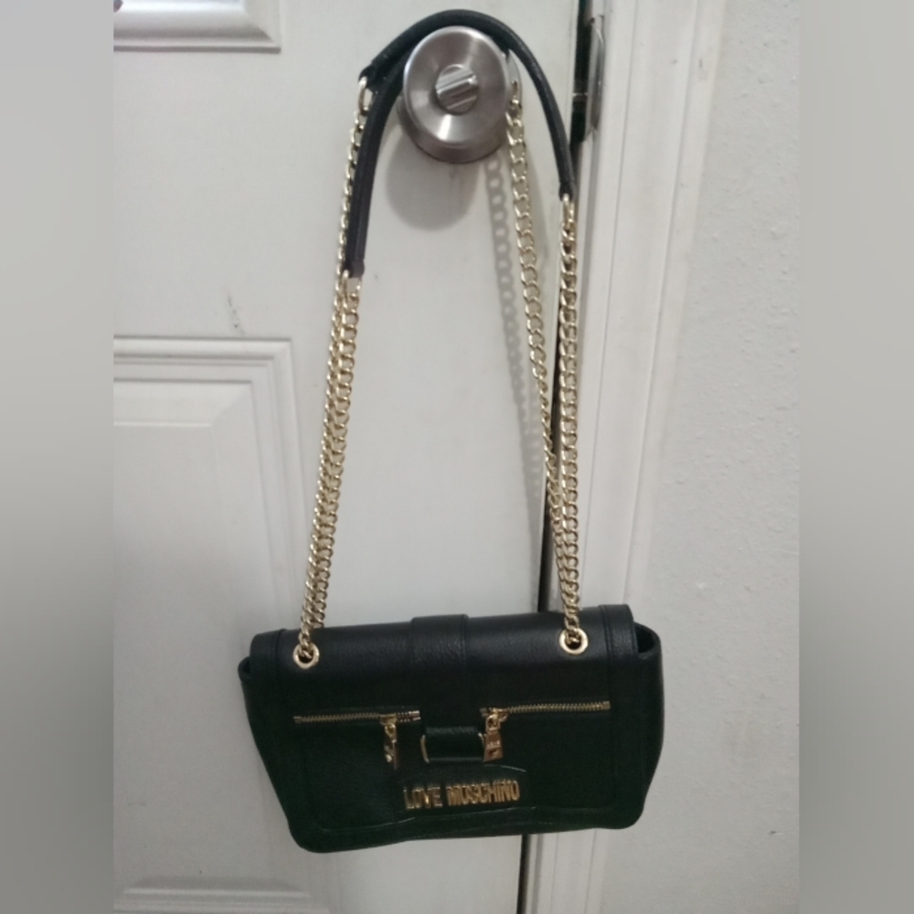 Love Moschino borgs vit Natural grain black leather purse shoulder strap purse